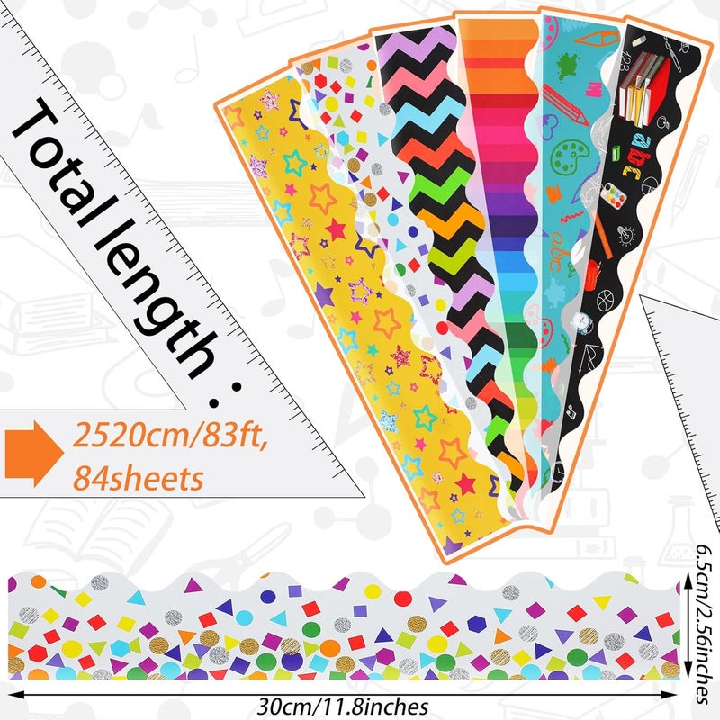 Geyee 84 Pieces 83 Feet Classroom Bulletin Board Borders Scalloped Rainbow Bulletin Board Trim Adhesive Decorations Colorful for Chalkboard, 6 Designs(Classic Style) - Image 2